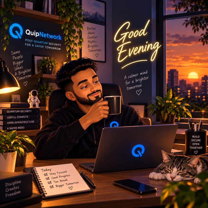An illustrated man drinks from a mug at a desk with a laptop displaying the "QuipNetwork" logo, surrounded by text like "Good Evening," "POST-QUANTUM SECURITY FOR A SAFER TOMORROW," and a sleeping cat.