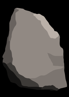 A simple, stylized drawing of a gray rock with lighter highlights and darker shadows is set against a solid black background.