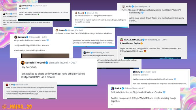 A collage of Twitter/X posts from various users announcing they have officially joined @BitgetWalletPK as a Pakistan creator, with handles like @hazoainvari, @imzmal_official, @HamzaJokhio, and @dream_07a visible. The image is credited to @_NAINA_20.