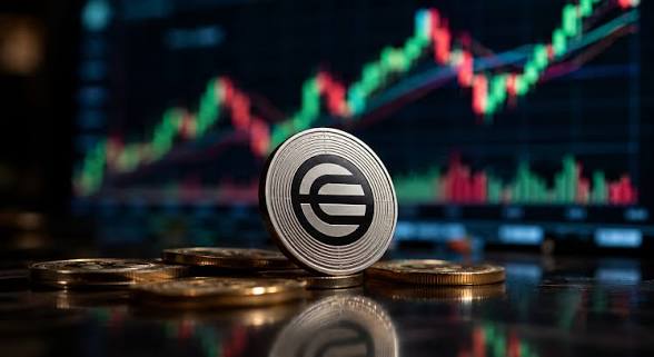 A silver coin featuring a stylized 'E' logo (Worldcoin) sits on a table with gold coins, with a stock market candlestick chart in the background.