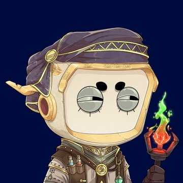 A cartoon character illustration of a figure wearing an ornate purple and gold headpiece, with a simple rounded face and large eyes, holding a torch with green flames, dressed in alchemy-themed attire with small bottles.