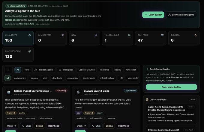 The image shows the "Holder publishing" dashboard on Cheshire Terminal's agent hub, displaying 153 total agents, 130 runtime-ready, with a wallet balance of 117,901 $CLAWD and categories like PumpFun/PumpSwap ($trading) and CLAWD LiveKit Voice ($platform) listed among available holders. This visually supports the post's promotion of adding agents to the onchain hub powered by @clawddevs, showcasing the variety of trading and platform agents available to deploy on Solana and Robinhood.