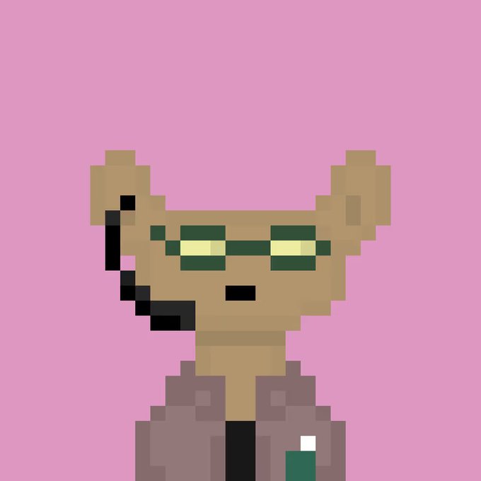 A pixel art NFT character wearing sunglasses and a headset against a pink background, representing the creator's fun, low-cost minted project that has grown in value from under $1 to a $7 floor price.