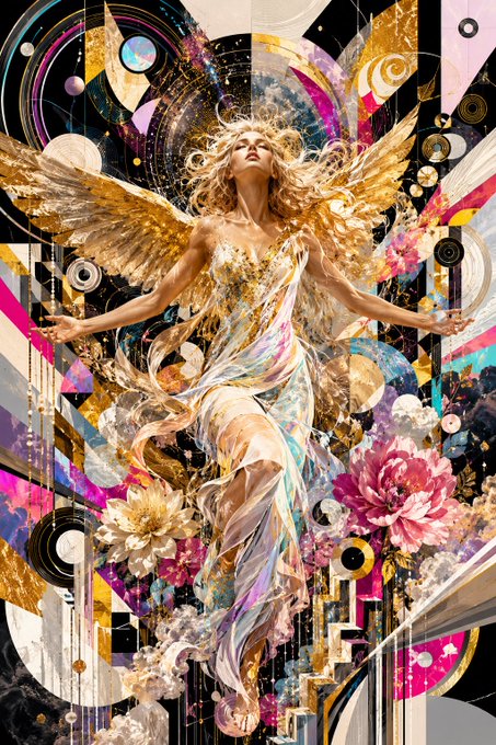A vibrant digital artwork depicts an ethereal woman with golden angel wings and a flowing floral dress, set against a dynamic, abstract background of geometric shapes, planets, and colorful patterns.