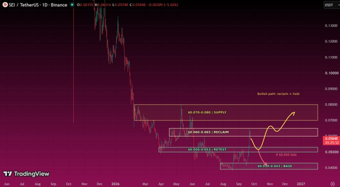 SEI/USDT 1D Binance candlestick chart on TradingView showing technical analysis levels at $0.075-0.080 SUPPLY, $0.060-0.065 RECLAIM, $0.055-0.053 RETEST, $0.045-0.043 BASE, with a bullish path marking 'reclaim + hold' and a noted 69,050 fails.