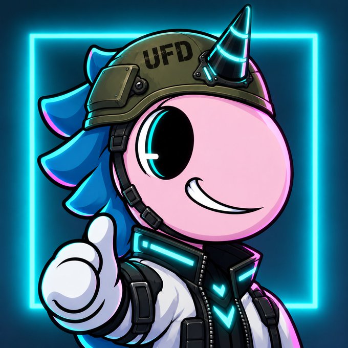 A cartoon pink mascot character wearing a military helmet labeled 'UFD' and a high-tech vest gives a thumbs-up against a neon blue square background.