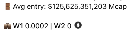 A partial view of a cryptocurrency dashboard displaying 'Avg entry: $125,625,351,203 Mcap' and pair data showing 'W1 0.00002 | W2 0' with an ethereum-style logo.