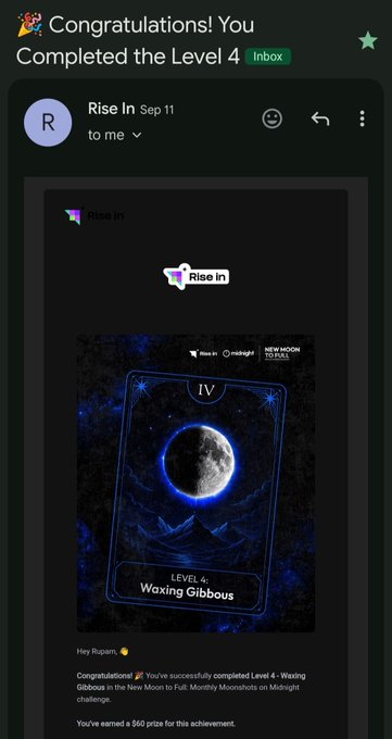 Email notification screenshot: 'Congratulations! You Completed the Level 4' from 'Rise In', showing a Level 4 Waxing Gibbous moon card achievement and a $60 prize.