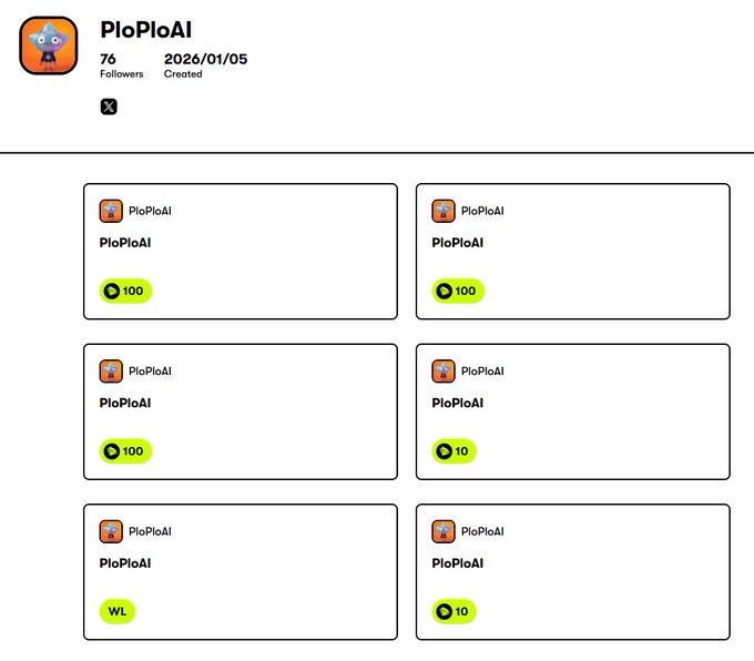 A profile page for 'PioPioAI' showing 76 followers, created 2026/01/05, with six identical cards displaying scores of 100, 10, and 'WL'.