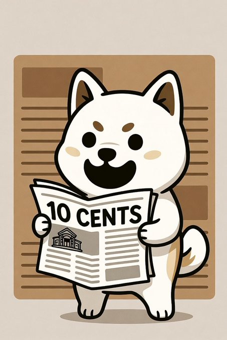 A cartoon white dog with a happy face smiles while holding a newspaper displaying '10 CENTS' and an image of a classical structure.
