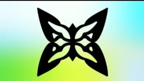 A black stylized butterfly or bat-like logo with symmetrical wings displayed against a gradient background of green, yellow, and blue.