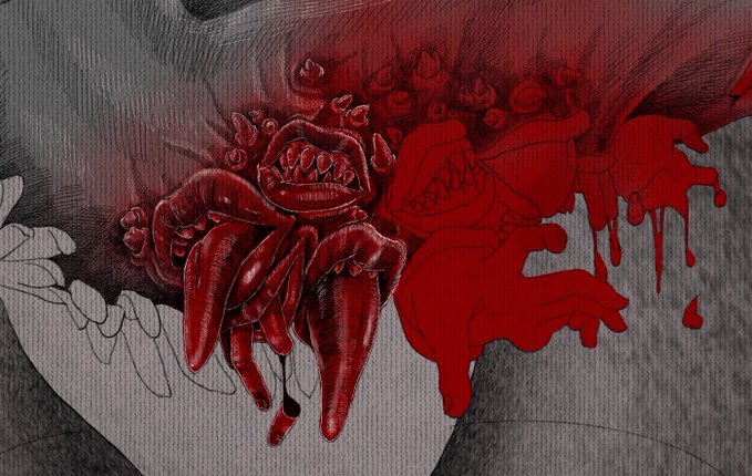 A dark, horror-themed illustration depicts a monstrous creature with multiple eyes, sharp teeth, and clawed limbs rendered in red and grayscale tones with blood drips.
