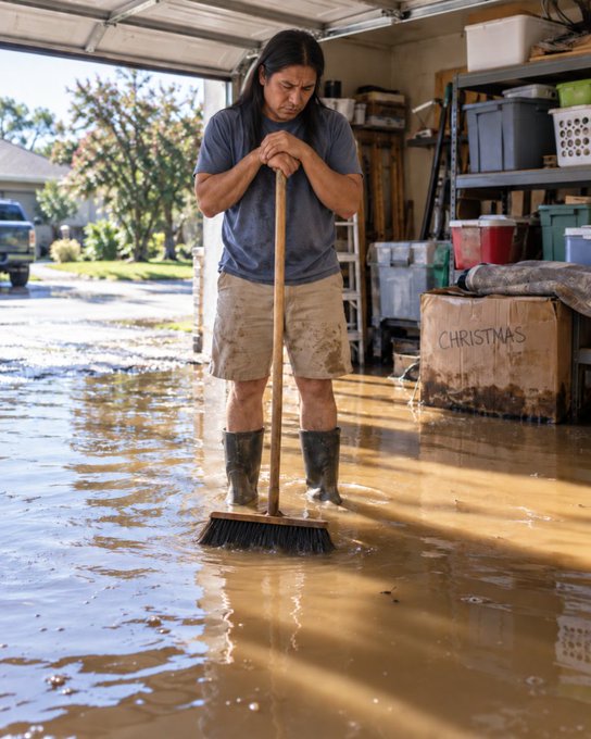 A man with long dark hair wearing a blue shirt, shorts, and rubber boots stands in a garage using a push broom to sweep muddy floodwater across the floor.