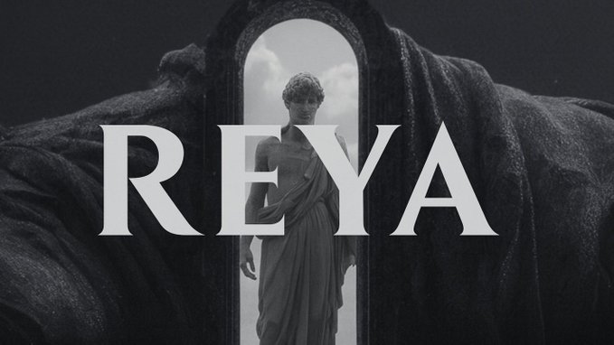 A black and white image featuring a classical statue of a female figure standing in an arched opening, with the word 'REYA' overlaid in large serif text.
