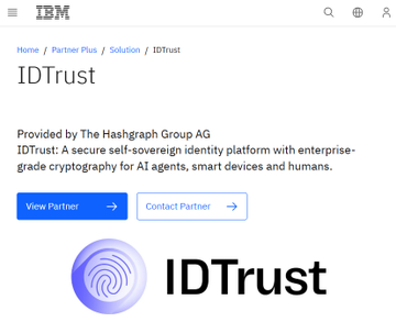 IBM Partner Plus page showcasing IDTrust, a secure self-sovereign identity platform provided by The Hashgraph Group AG, highlighted in a post announcing the integration with Hedera Hashgraph ($HBAR) to deliver tamper-proof digital IDs for people, AI agents, robots, and connected devices.