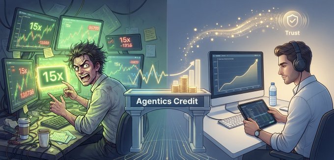 A split illustration showing a frantic trader surrounded by green screens with losses on the left, and a calm trader analyzing upward-trending charts under a 'Trust' badge on the right, with 'Agentics Credit' on a central pillar.