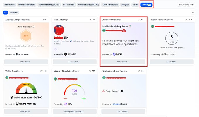 A screenshot of a crypto dashboard interface (debank) with an OIDC tab highlighted in the top right and a red box around the "Airdrops Unclaimed" card showing no eligible airdrops were found.