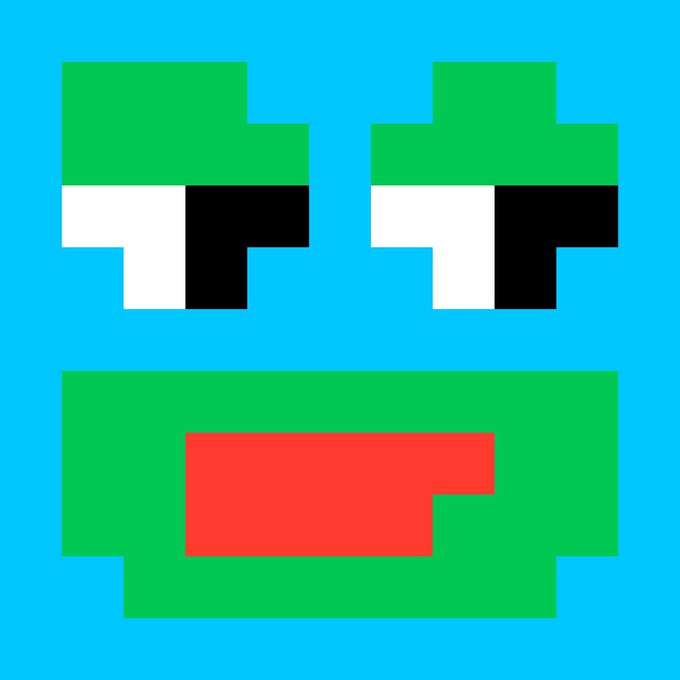 A pixel art character face with green eyes outlined in white and black, a green mouth area with a red tongue, on a teal background.