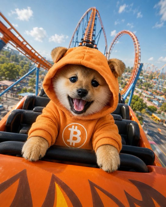 A Shiba Inu dog wearing an orange hoodie with a Bitcoin logo smiles while riding a roller coaster, with orange track and an amusement park visible in the background.
