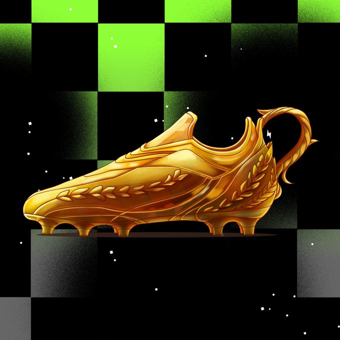 A golden soccer cleat with laurel leaf detailing displayed against a black and green checkered background.