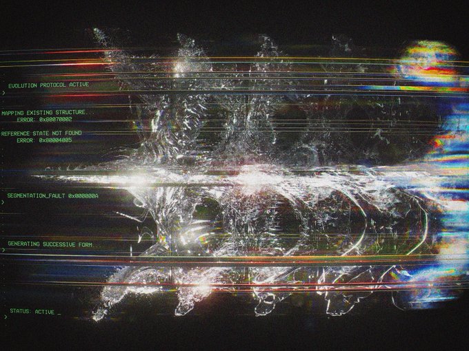 A dark, glitch-style digital image showing a distorted face or object with green overlaid text including 'EVOLUTION PROTOCOL ACTIVE', 'MAPPING EXISTING STRUCTURE', and 'STATUS: ACTIVE'.