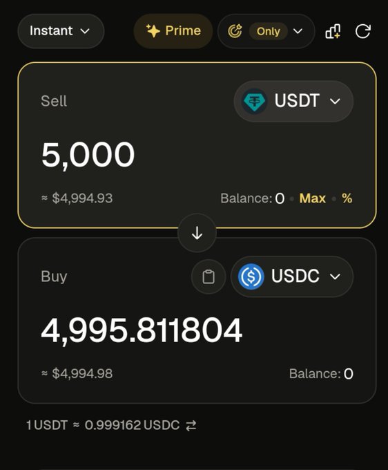 A cryptocurrency exchange interface showing a Sell order for 5,000 USDT at approximately $4,994.93, exchanging for 4,995.811804 USDC at a rate of 1 USDT ≈ 0.999162 USDC.