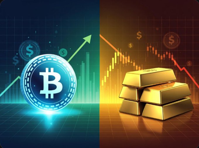 A split graphic comparing Bitcoin (with a glowing BTC coin and green upward arrow) on the left to gold bars (with red downward candlestick charts) on the right.