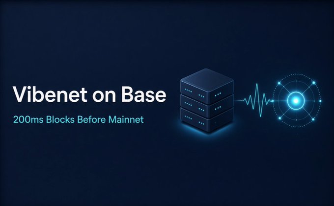 A dark promotional banner for 'Vibenet on Base' highlighting '200ms Blocks Before Mainnet' alongside a server stack and data visualization graphics.