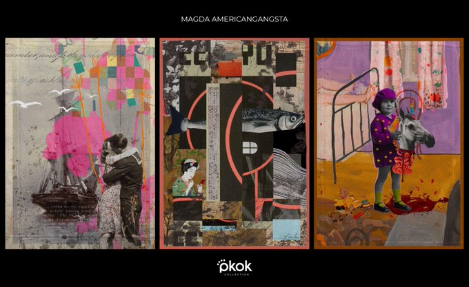An artistic triptych displayed on a black background titled 'MAGDA AMERICANCANGSTA' showcasing three mixed-media collage pieces with vintage imagery, vibrant pink and red accents, and the 'pkok ART & CRAFT PLATFORM' logo at the bottom.