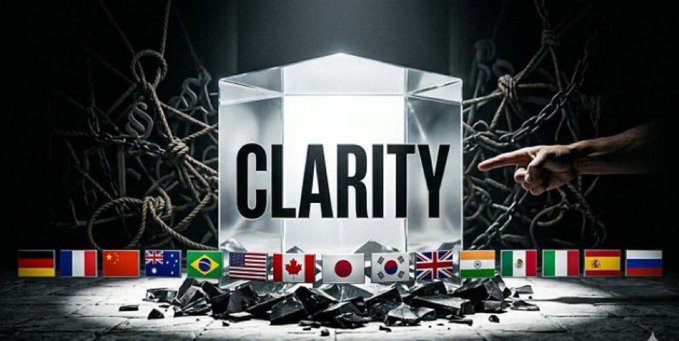 A glowing "CLARITY" block shatters amid tangled ropes with various national flags below, as a pointing hand reaches toward it—symbolizing the imminent, global significance of the CLARITY Act's approval and the breaking of regulatory uncertainty in the crypto space.
