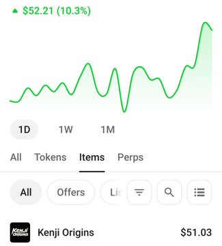 A mobile app screenshot showing a green line graph trending upward with text '$52.21 (10.3%)' and tabs for 'Tokens', 'Items', and 'Perps', displaying 'Kenji Origins' for $51.03.