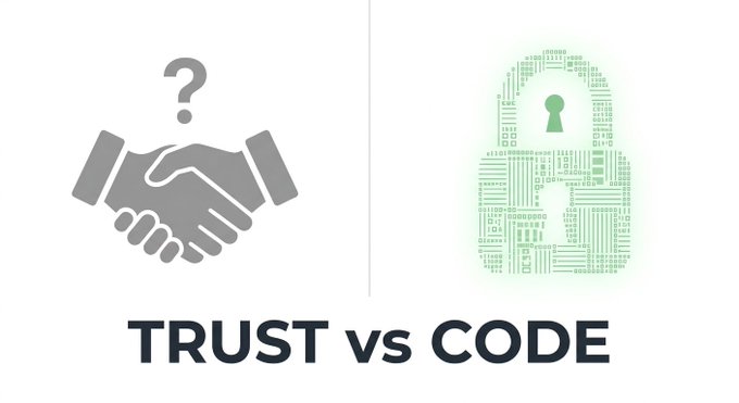 A simple graphic displaying 'TRUST vs CODE', with a handshake icon under 'TRUST' and a padlock icon made of circuit board patterns under 'CODE'.