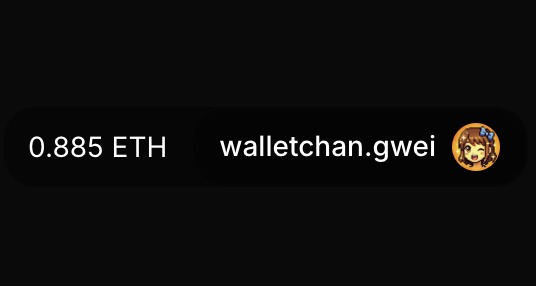 A dark digital wallet interface displays a balance of "0.885 ETH" alongside the ENS domain "walletchan.gwei," with the ".gwei" ending visually emphasized. The image playfully illustrates the post's point that ".gwei" can take priority over ".eth" in ENS naming.