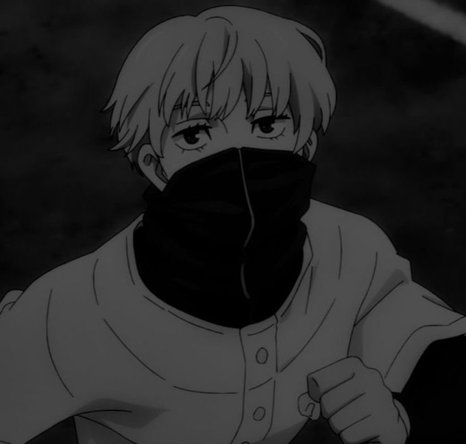 A grayscale anime-style drawing depicts a serious-looking character with light hair covering the lower half of his face with a dark scarf.