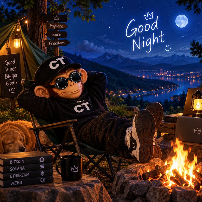 A stylized digital illustration of a monkey character wearing 'CT' branded clothing and sunglasses relaxing in a camping chair by a campfire at night, with signs reading 'Explore Earn Freedom', 'Good Vibes Bigger Goals', and 'Good Night', alongside books labeled 'BITCOIN', 'SOLANA', 'ETHEREUM', and 'WEB3'.