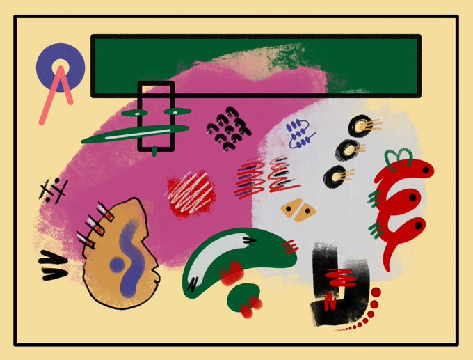 An abstract mixed-media artwork featuring colorful organic shapes in pink, green, red, and black against a pale yellow background, with various symbolic elements including tally marks and abstract faces.