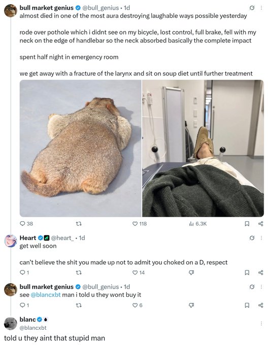 A X (formerly Twitter) screenshot showing @bull_genius describing a bicycle accident that resulted in a fractured larynx and emergency room visit, with replies mocking him for choking on a D and referencing @blancxt. The image relates to the post "CT is so back wtf" by showing crypto community banter where users humorously dispute the validity of the accident story.