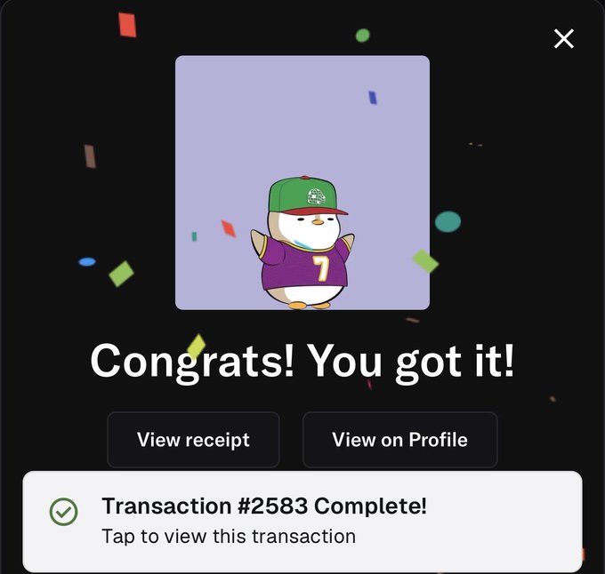 A digital notification screen showing a cartoon penguin character wearing a green cap and purple jersey with the number 7, celebrating a transaction with the text 'Congrats! You got it!' and 'Transaction #2583 Complete!'.