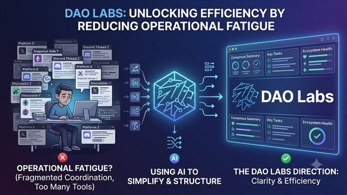 An infographic titled "DAO Labs: Unlocking Efficiency by Reducing Operational Fatigue" contrasts a stressed user overwhelmed by fragmented tools and discussions (labeled "Operational Fatigue?") with an AI-powered streamlined dashboard showing Consensus Summary, Key Tasks, and Ecosystem Health (labeled "The DAO Labs Direction: Clarity & Efficiency"). The visual illustrates how DAO Labs aims to use AI to simplify and structure decentralized coordination, directly supporting the post's point about easing operational fatigue in fragmented ecosystems.