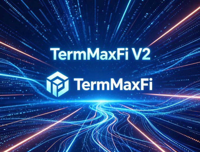 The image features a blue background with lines of different colors, creating an abstract pattern that resembles a term maximxfi logo. The text "TermMaxFi V2" is displayed above this pattern, indicating the version number for the Term MaxFi platform. Below the pattern, there's additional information about the platform and its benefits.