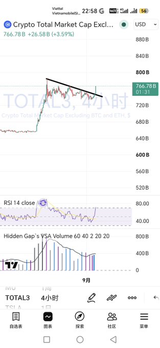 A TradingView chart of Crypto Total Market Cap Excluding BTC and ETH (TOTAL3) on a 4-hour timeframe, showing a price of 766.78B and an RSI of approximately 80.