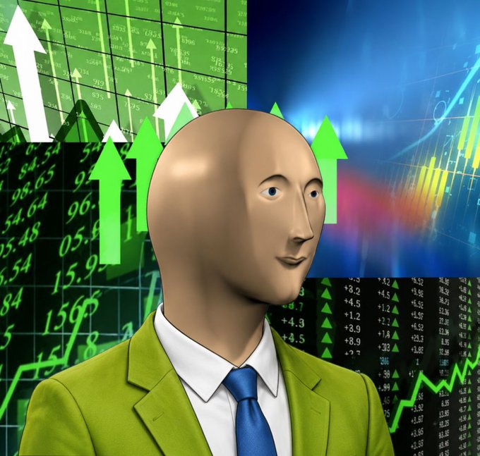 A faceless 3D-rendered figure in a green suit and blue tie stands against a backdrop of stock market charts featuring green upward arrows and numerical data like "15.96," "154.64," and "+8.9," symbolizing the bullish "stonks" theme of the $stonksstocks meme token launch.