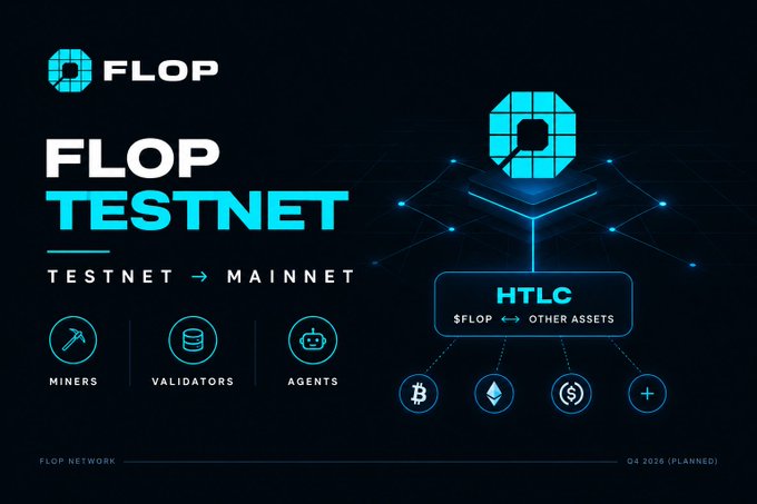 A "FLOP TESTNET" graphic promotes a transition from Testnet to Mainnet, highlighting roles for Miners, Validators, and Agents, with HTLC functionality for swapping FLOP with other assets.