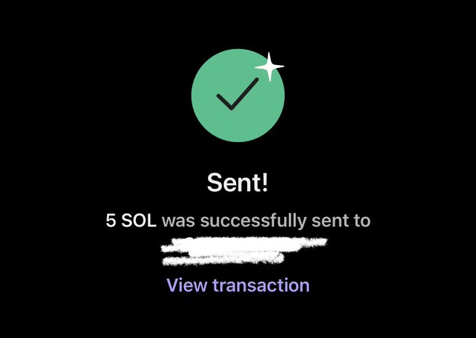 A confirmation screen showing "Sent!" with a green checkmark, indicating 5 SOL was successfully transferred (recipient details redacted), with a "View transaction" link below. The image directly answers the post by showing the sender acted on their question and sent 5 SOL to an unknown recipient.