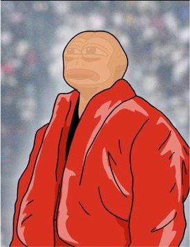 A cartoon Pepe the Frog wearing a red puffer jacket stands stoically against a pixelated background, embodying the meme's resurgence referenced in the post about iconic crypto tokens like Dogecoin, Pepe, and Pudgy Penguins bouncing back from the bear market.