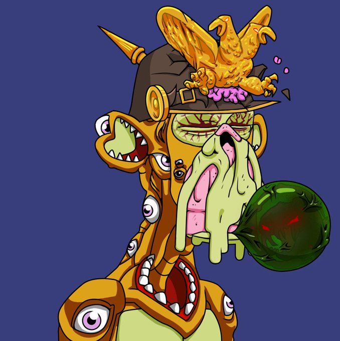 A grotesque cartoon character with multiple eyes and mouths wears a military-style helmet topped with a golden eagle, dripping green slime while holding a dark orb.