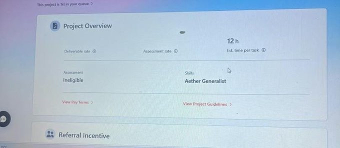 A screenshot of a project overview page showing an 'Ineligible' assessment status, 'Aether Generalist' skills, and an estimated 12 hours per task.