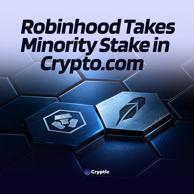 A dark blue hexagonal-tiled graphic displays the headline "Robinhood Takes Minority Stake in Crypto.com," with one hexagon featuring its logo and another showcasing Crypto.com's emblem, visually representing the new investment partnership and equity deal between the two platforms.
