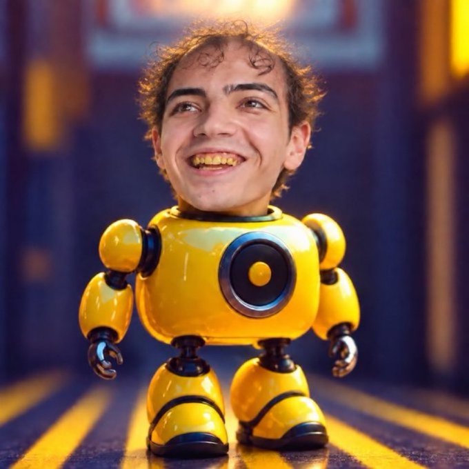 A 3D rendered character showing a young man with curly brown hair smiling broadly with yellow teeth, attached to a yellow robot body with circular speaker-like features on its chest.