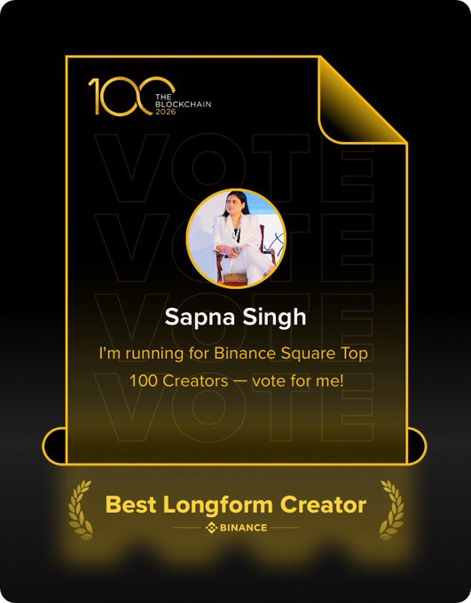 The image is a promotional card from "The Blockchain 2026" featuring Sapna Singh, who is nominated for Binance Square's Top 100 Creators in the "Best Longform Creator" category, with repeated "VOTE" text and a circular photo of her, supporting her post's request for votes.